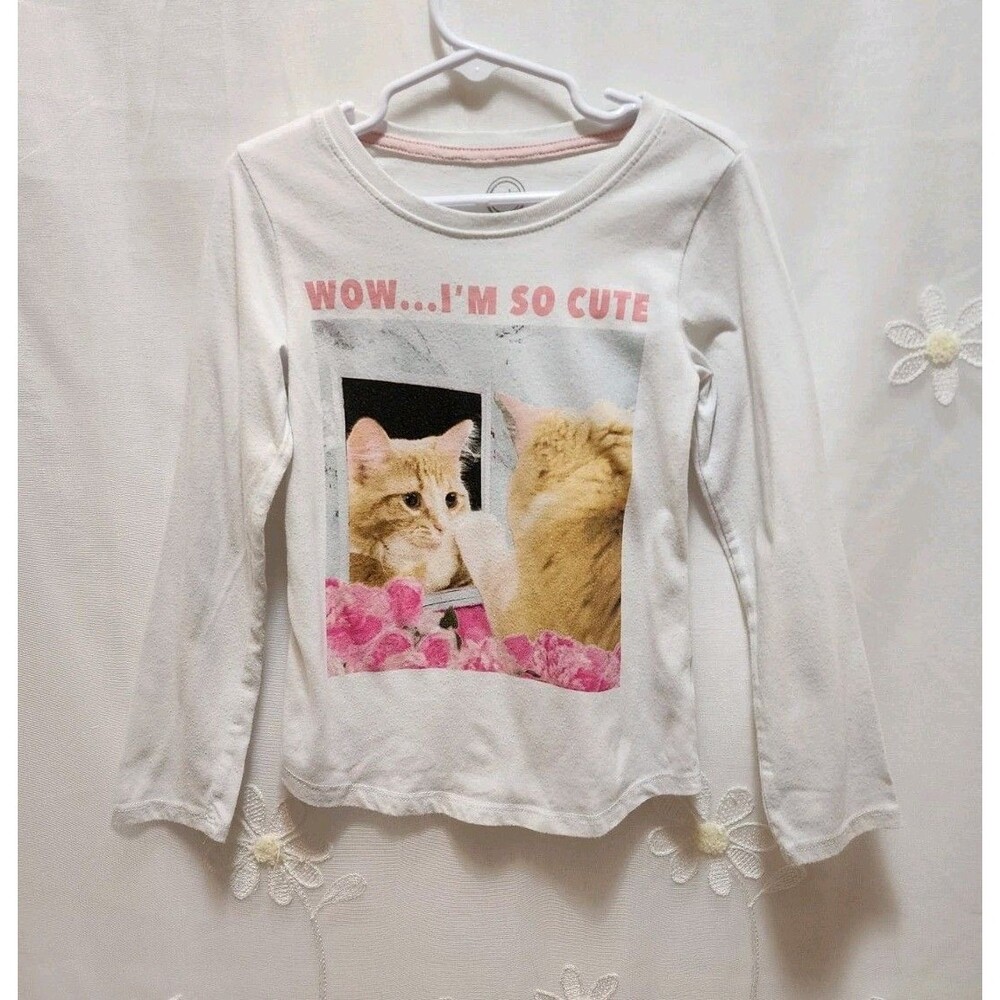 WONDER NATION GIRLS SIZE 4/5 WHITE LONG SLEEVE "IM SO CUTE" CAT SHIRT ANIMAL KID